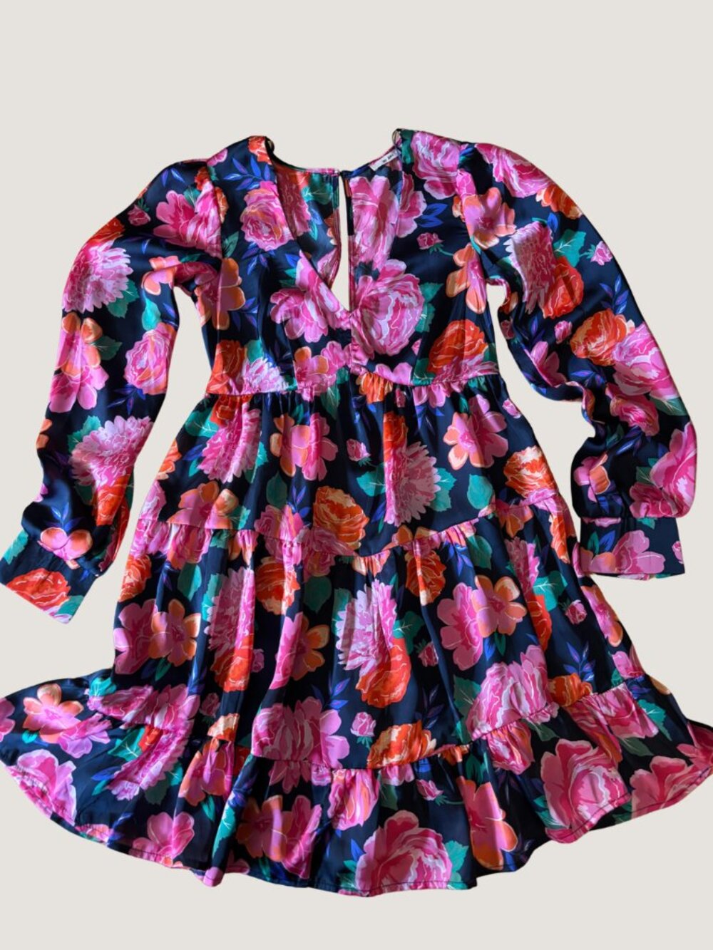 Mi Ami Floral Mini Dress XXS Tiered Long Sleeve Open Back Boho Retro - Picture 4 of 10